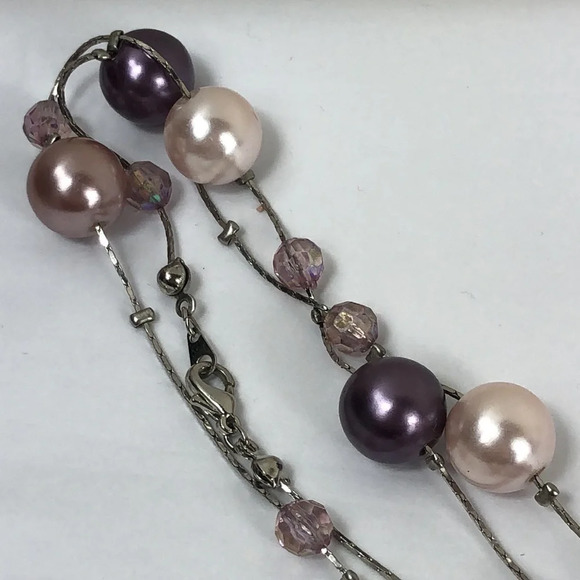 Faux Pearl Rhinestone Necklace Purple & Champagne On Silver Tone Chain - Picture 14 of 16